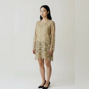 Vintage Gunit Elegant Gold Lace Mini Dress with beads embroidery